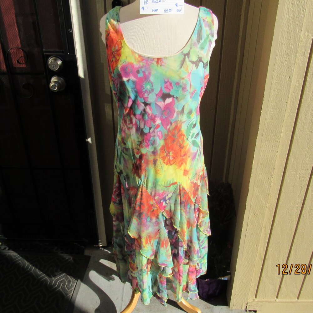 #741  NEW WOMAN'S COLORFUL CHIFFON DRESS BY ROBBIE BEE  (SIZE 16)